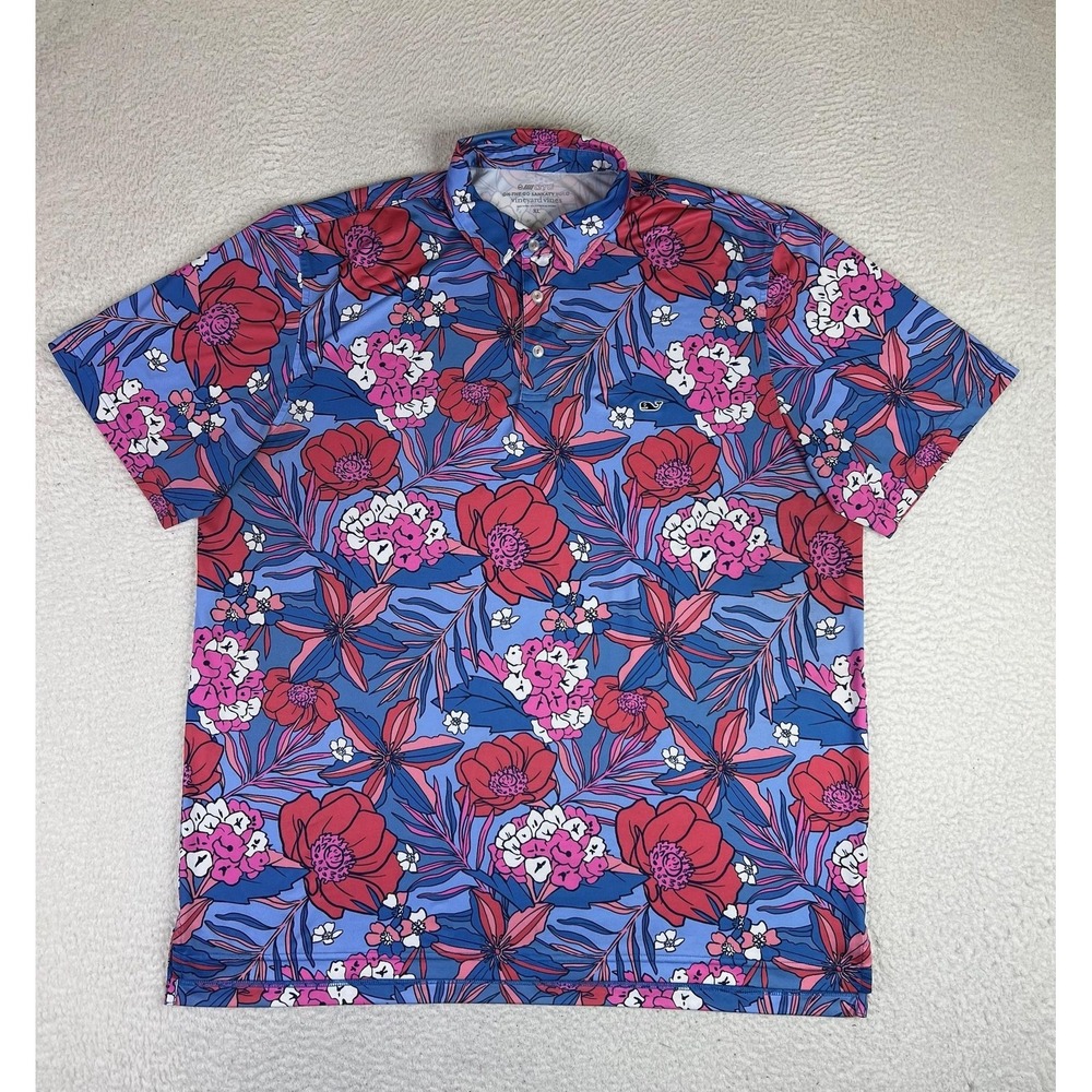Vineyard Vines Mens XL On The Go Sankaty Polo Shirt Blue Floral Golf‎ 1G012328